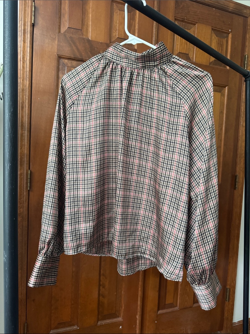 Zara Pink and Black Plaid High-Neck Long Sleeve Blouse